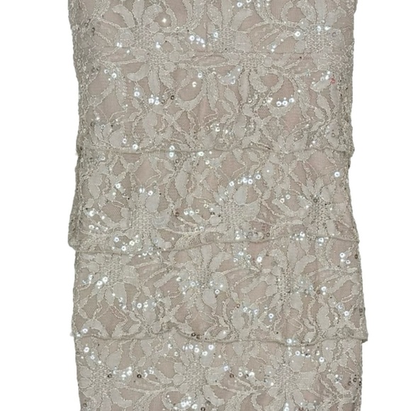 Scarlett Nite Floral Sheath Dress 8P Tan Gray Layered Lace Metallic Cap Sleeves - Picture 15 of 15